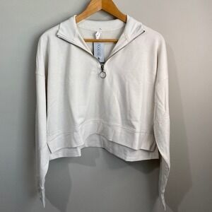 Ideology Women's Long Sleeve 1/4 Zip Cropped Top Pullover Ivory Large Athleisure